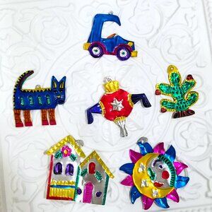 Vintage Mexican Folk Art Punched Tin Metal Christmas Ornaments Figural Colorful
